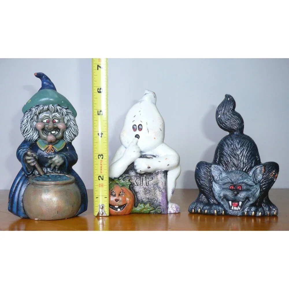 VTG Lot 3 Halloween Figurine Hand Painted Ceramic Witch Cauldron Ghost Black Cat